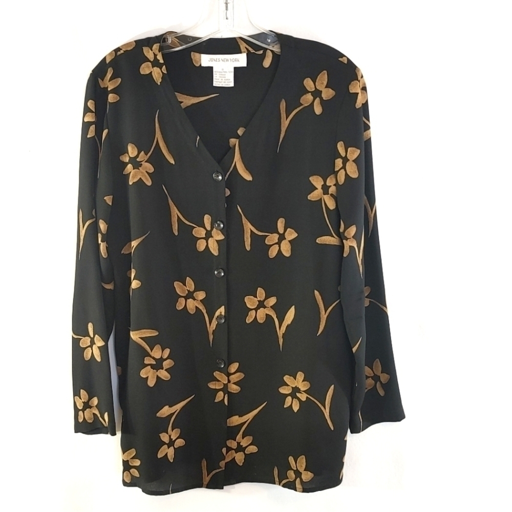 Jones New York Blouse Gold and Black Floral 100% Silk Size 8